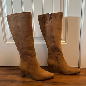 Camel Suede Knee High Boots Square Toe Block Heel Side Zipper